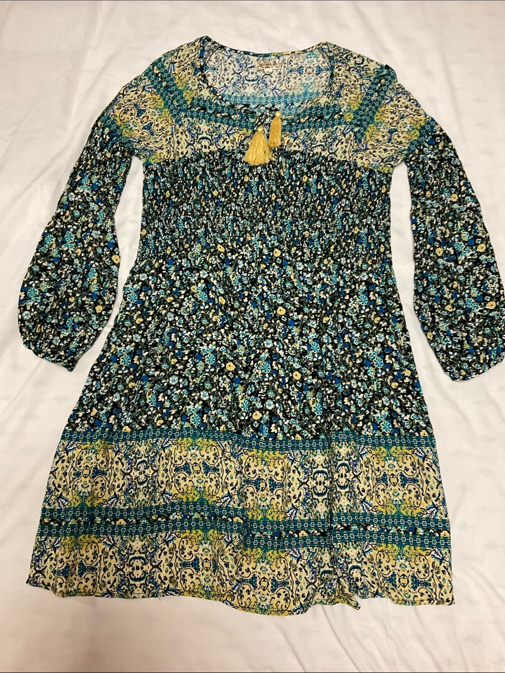 Boho One World Smocked Knee-Length Blue and Black Floral Dress. Size Small